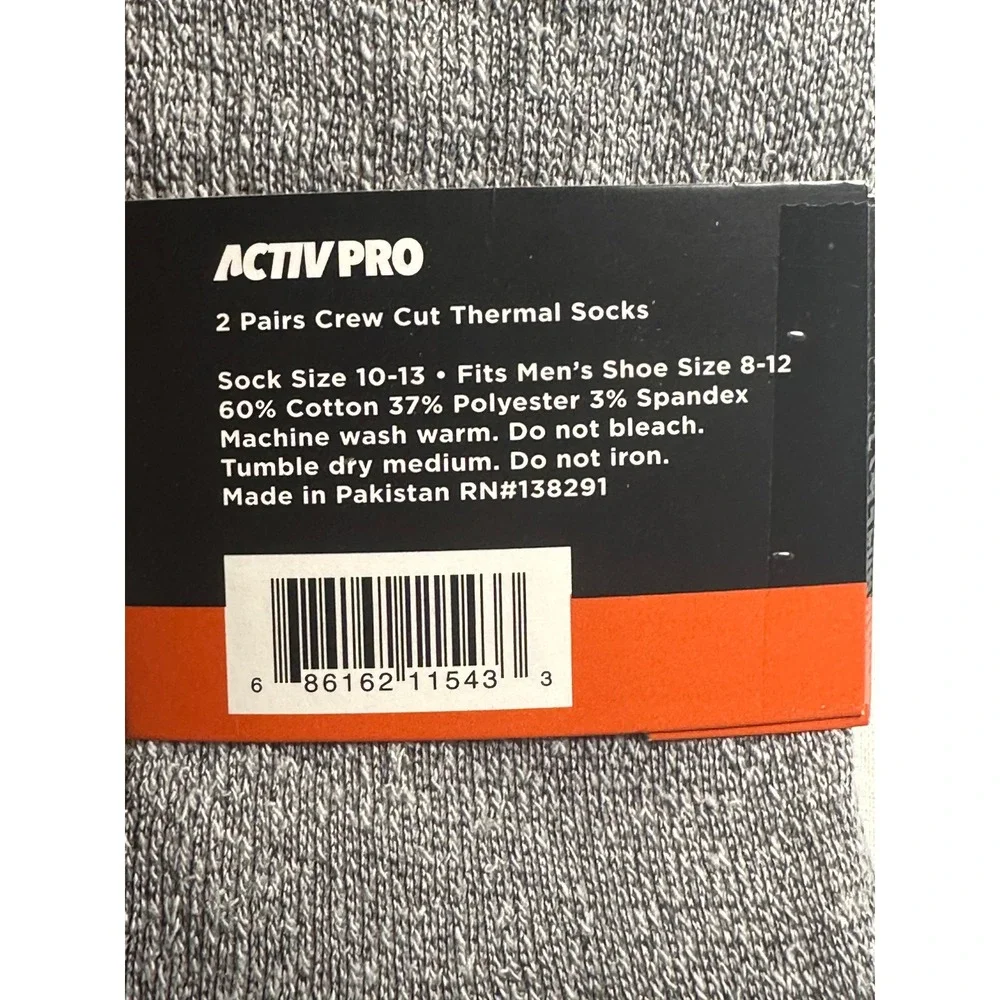 Activ Pro Mens Thermal Socks 2‎ Pack Crew Length Gray Black Size 10-13 Shoe 8-12